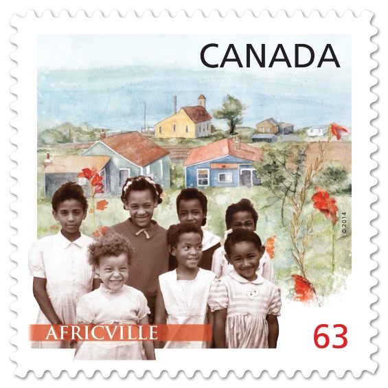 Timbre-poste canadien représentant sept enfants devant des maisons à Africville, en Nouvelle-Écosse