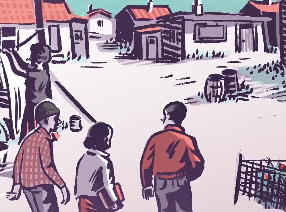 An illustration of three young people walking in a community made up of small, modest buildings.