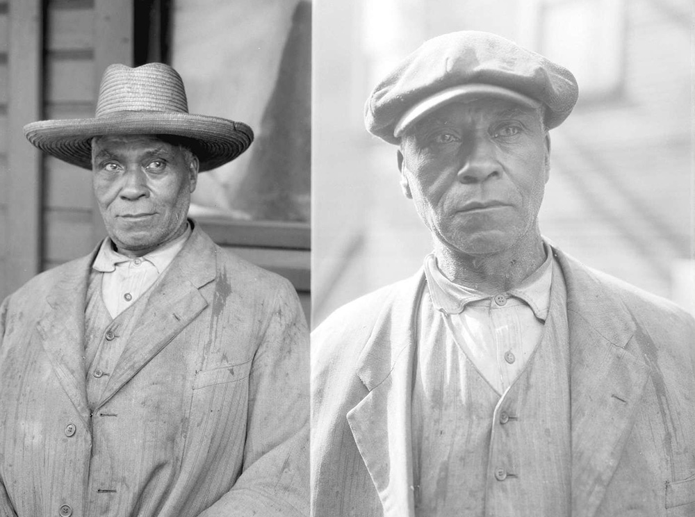 Image en noir et blanc montrant deux portraits distincts de Fielding William Spotts Jr. debout devant sa maison.