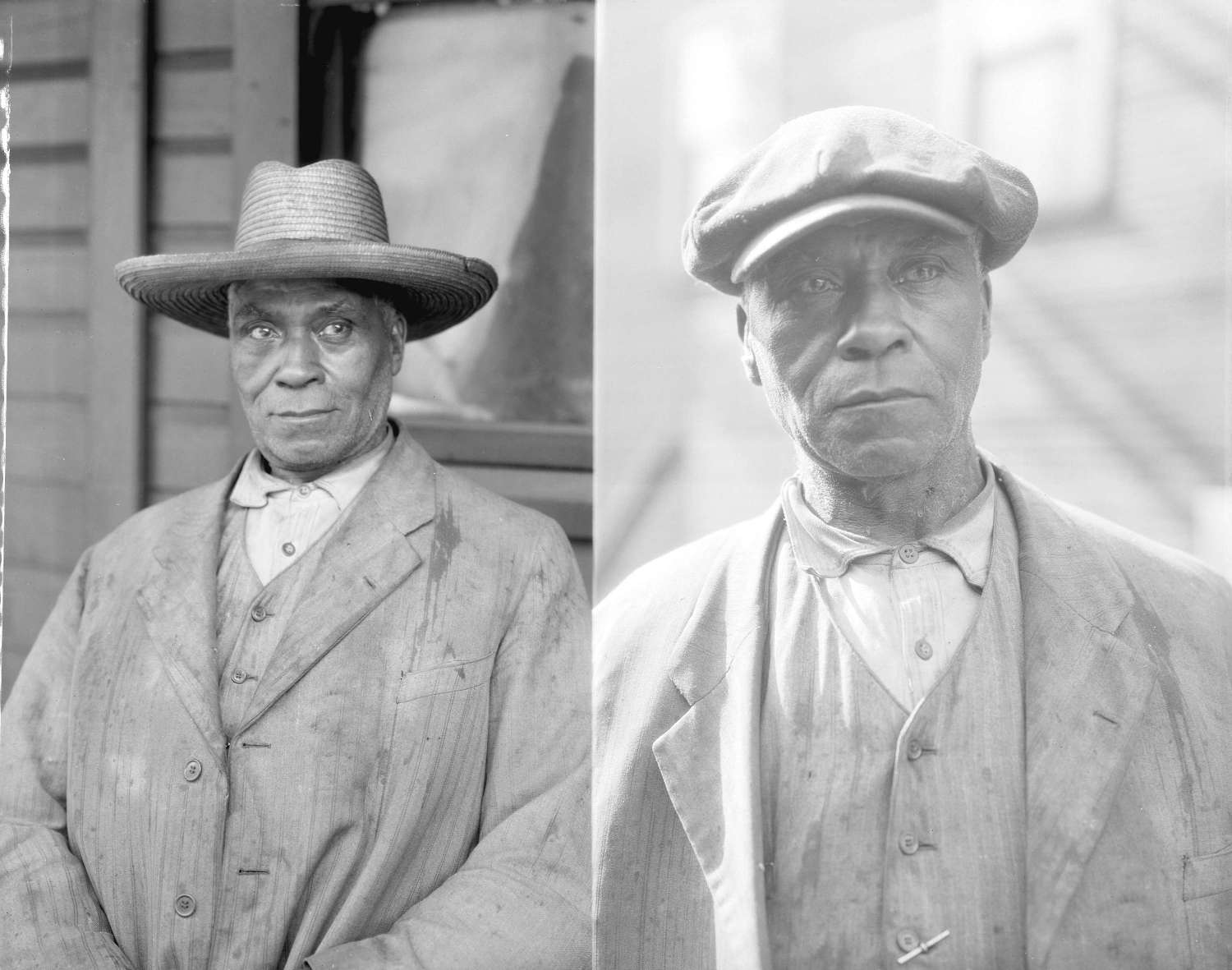 Image en noir et blanc montrant deux portraits distincts de Fielding William Spotts Jr. debout devant sa maison.