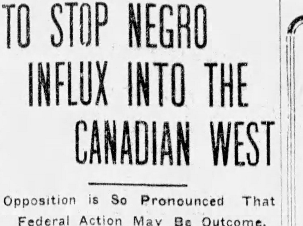 Article en noir et blanc intitulé « Stopper l’afflux de Noirs dans l’Ouest canadien ».