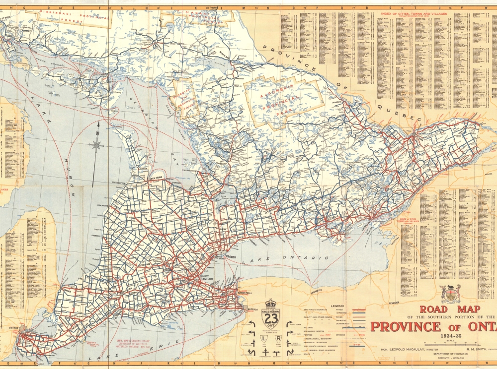Image en couleur présentant la carte routière officielle du gouvernement de l’Ontario de 1934-1935, avec index des villes et villages.