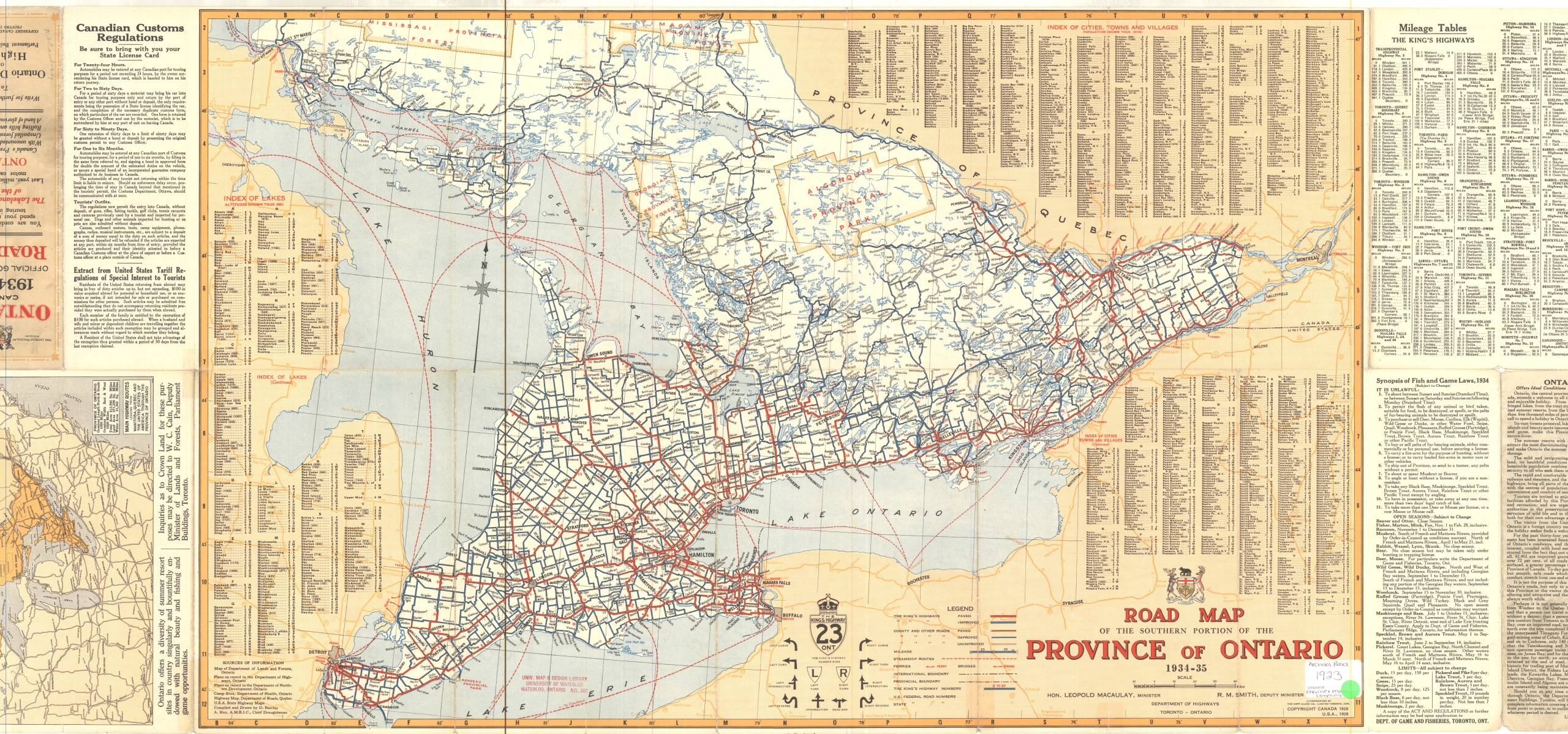Image en couleur présentant la carte routière officielle du gouvernement de l’Ontario de 1934-1935, avec index des villes et villages.