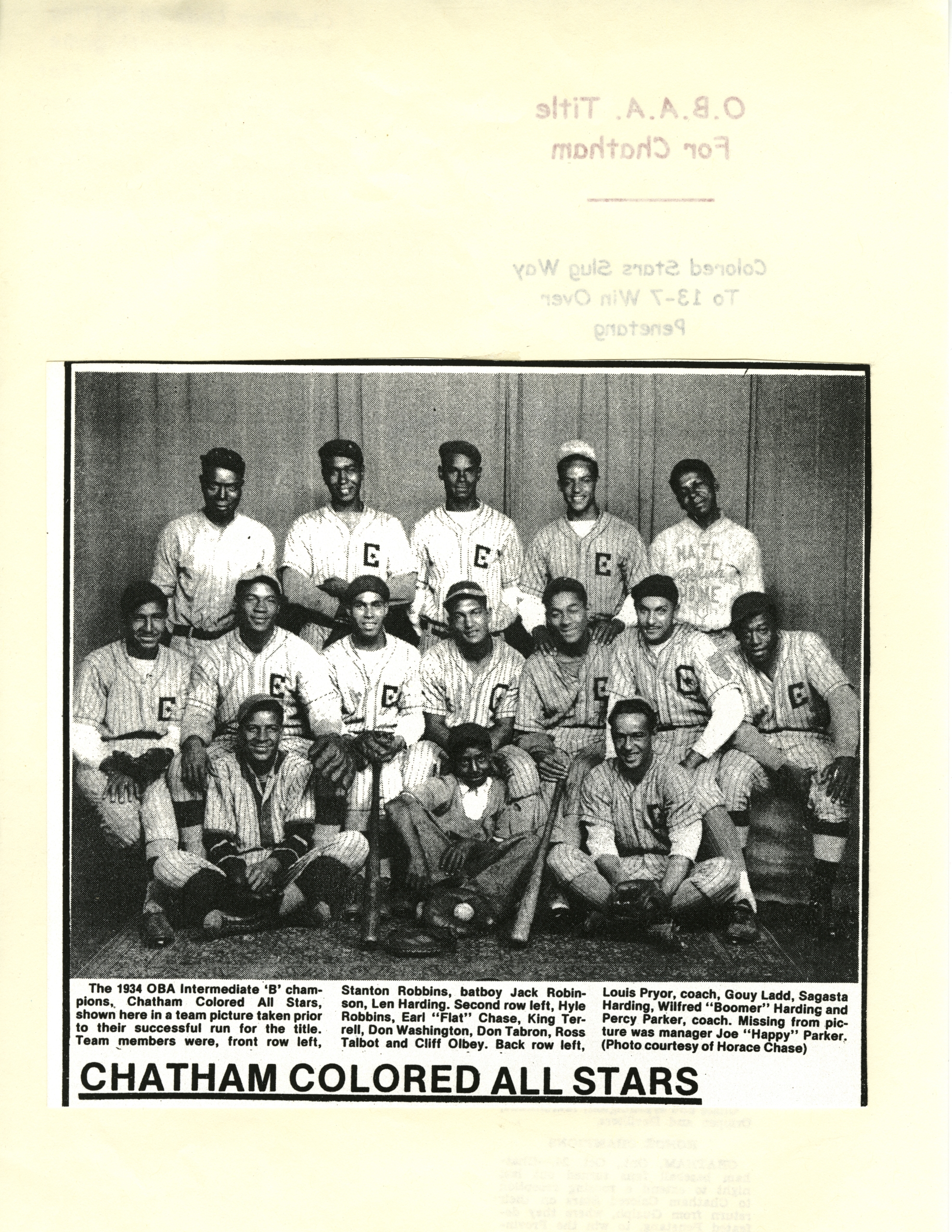 Photographie en noir et blanc de l’équipe de baseball des Chatham Coloured All-Stars en 1934.