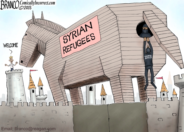 Political cartoon showing two men associated with “ISIS” sneaking out of the back of a wooden Trojan horse, that has a sign reading “Syrian refugees” on its side. A man with open arms, on a tower in front of the horse, says “Welcome.”